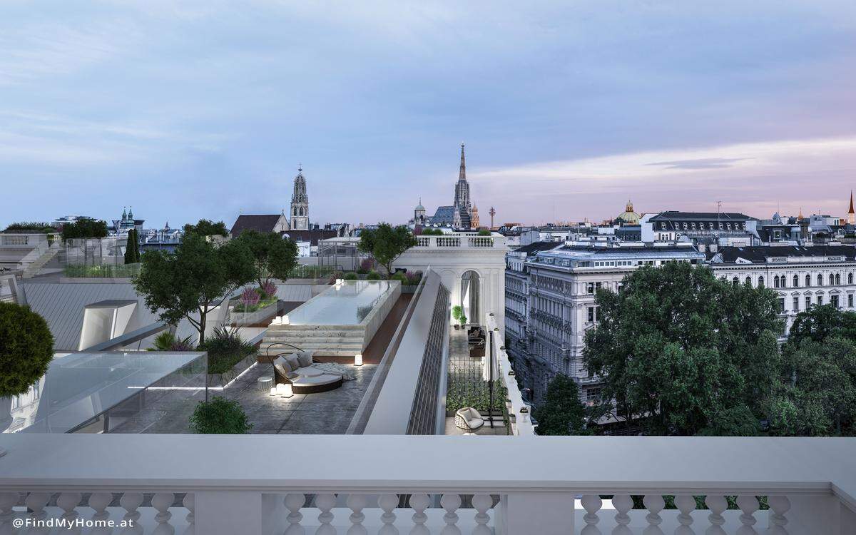 Durch die gewonnene Tragkraft ist beim Palais Schottenring Vienna ein Dachpool mit 360 Grad Panoramablick möglich. Der imperiale Altbestand für das Penthouse erhalten – die alten Türme jeweils an einem Eck des Hauses wurden in die Wohnung integriert.