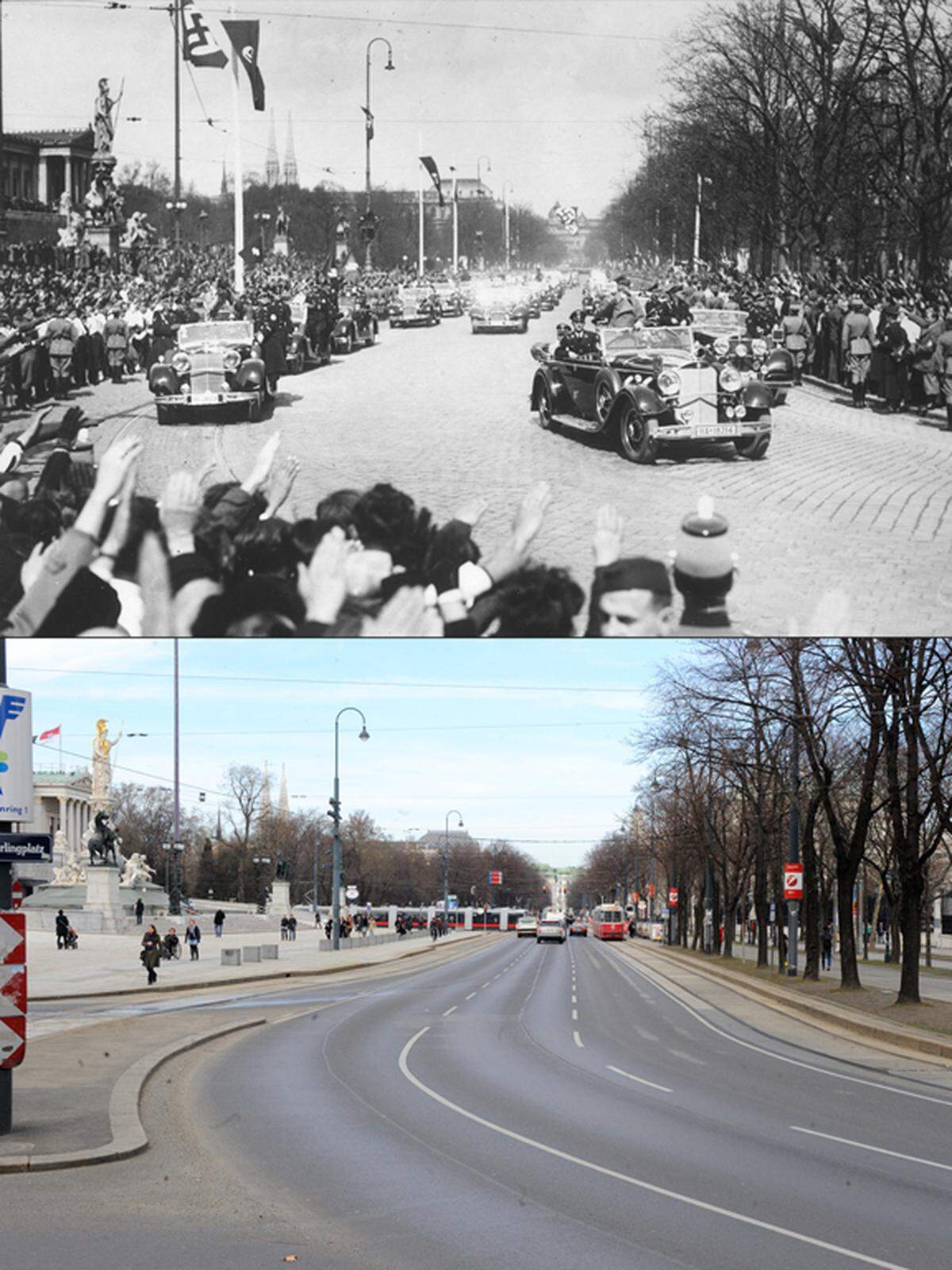 Die Ringstraße vor dem Parlament damals und heute aus einer anderen Perspektive.