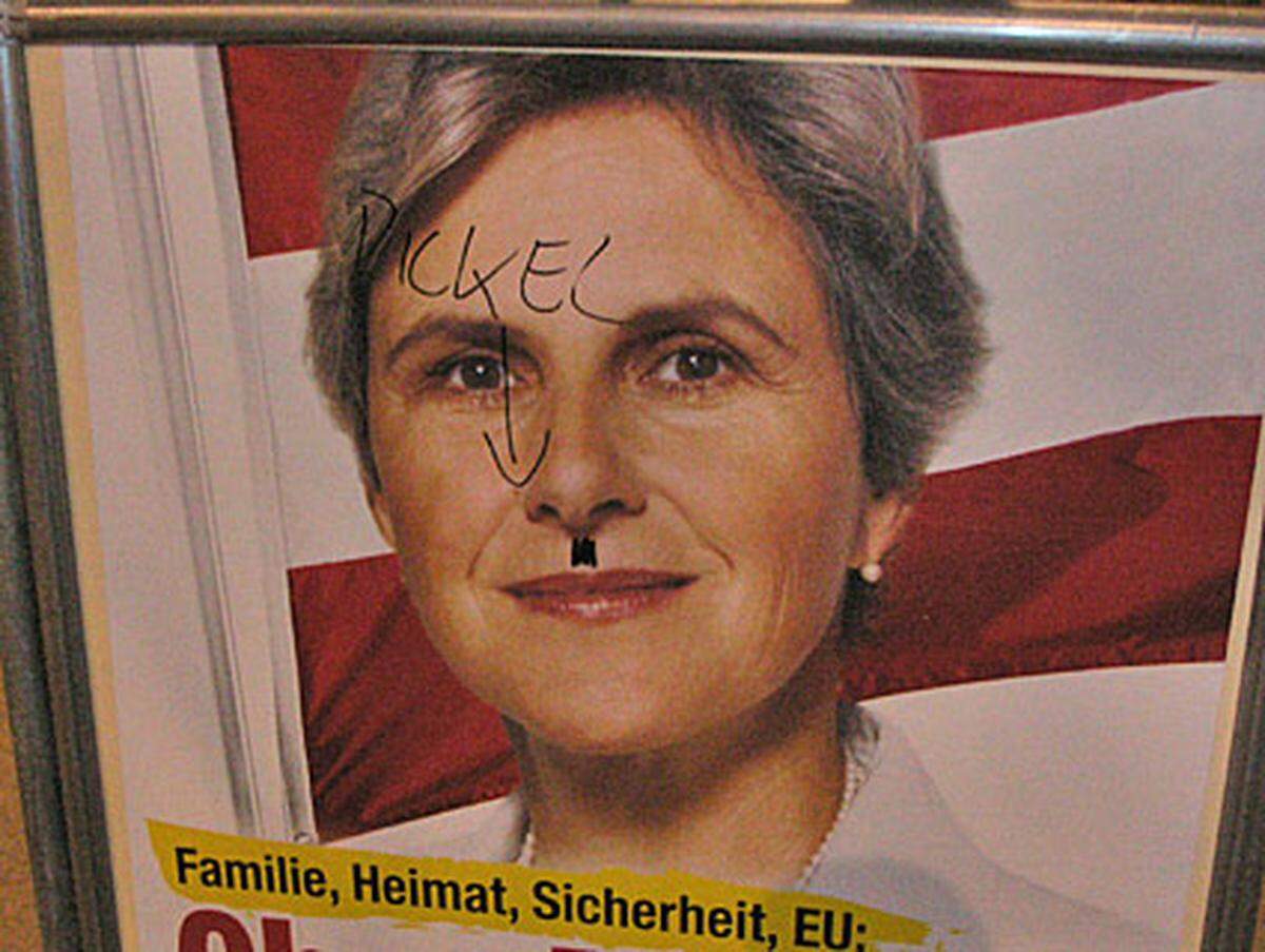 Auch ein beliebtes Stilmittel: Das Hitlerbärtchen - und auch dieses findet man vor allem auf den Plakaten von Barbara Rosenkranz und Strache.