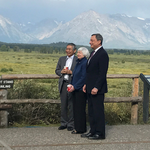 Governor of the Bank of Japan Kuroda, United States Federal Reserve Chair Yellen and President of the European Central Bank Draghi pose for a photo during the annual central bank research conference in Jackson Hole