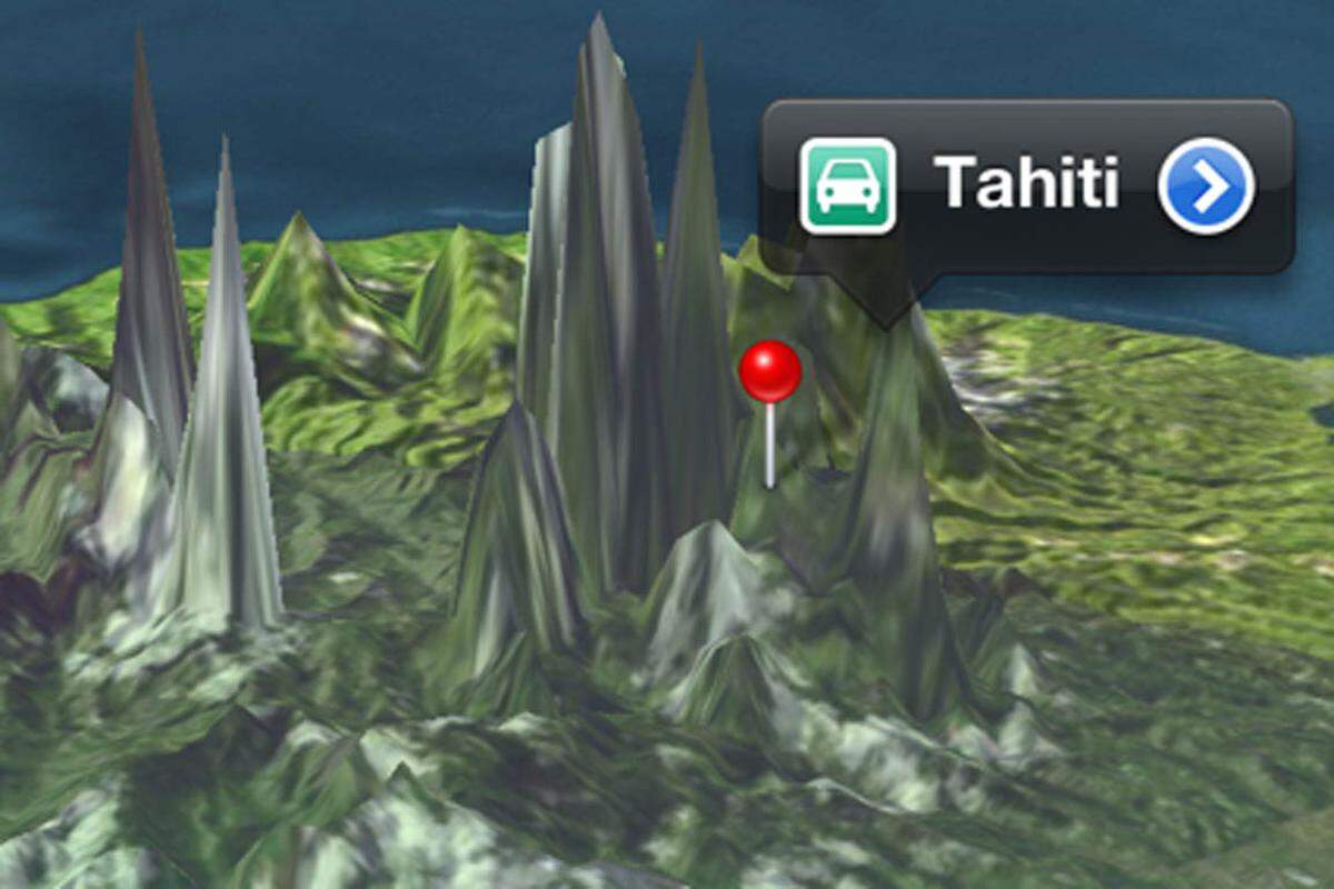 Apple Maps beeindruckt nicht nur durch fehlerhafte Darstellung von Ortschaften, auch die 3D-Satelittenaufnahemen haben es in sich. So weist zum Beispiel Tahiti völlig neue geologische Formationen auf, die ein wenig an eine Tropfsteinhöhle erinnern.