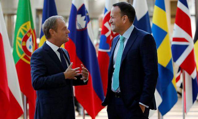 Ireland's PM Leo Varadkar is welcomed by European Council President Donald Tusk to discuss the Brexit issue in Brussels