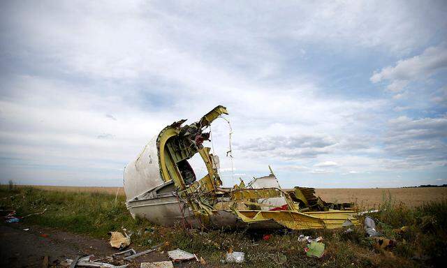 Archivbild vom 21. Juli 2014: Ein Teil des Wracks an der Absturzstelle des Malaysia-Airlines-Flugs MH17 in der Nähe des Dorfes Hrabove (Grabovo) in der Region Donezk.