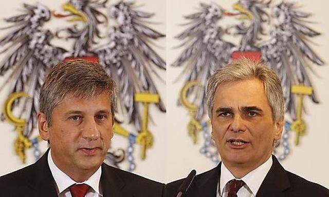 Austrian Chancellor Faymann and Vice Chancellor Spindelegger attend a news conference in Vienna