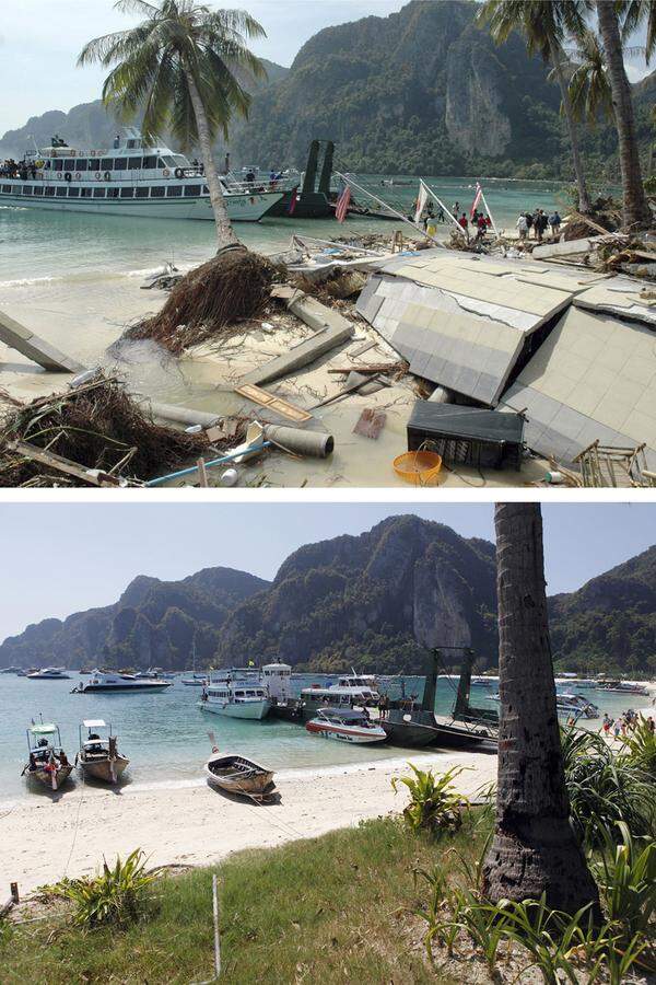 Warten auf die Evakuation auf den Phi-Phi-Inseln (Thailand) am 27. Dezember (oben) und eine Aufnahme des Strands am 11. Dezember 2009.