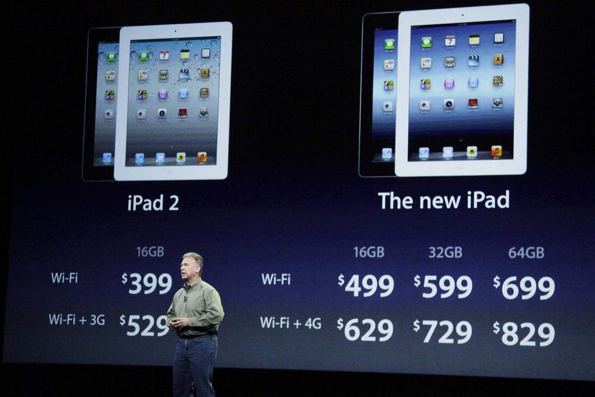 Apple bleibt seiner Preispolitik treu. Das kleinste iPad, mit 16 Gigabyte Speicher und nur mit WLAN, wird 499 Dollar kosten. Dafür gibt es beim iPad 2 einen Preisverfall um 100 Dollar.