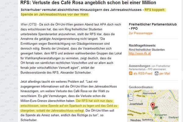 Allerdings: Kaum beschloss die ÖH Uni Wien – offenbar nach langem internen Hin und Her –, die vom RFS daraufhin angebotene Spende in Höhe von 1500 Euro anzunehmen, relativierte der RFS sein Angebot: Man wolle dieses Geld nun doch nicht sofort übergeben – sondern erst nach Veröffentlichung des ÖH-Jahresabschlusses. Man vermute, dass die Verluste beim Café Rosa mittlerweile bei einer Million Euro lägen.