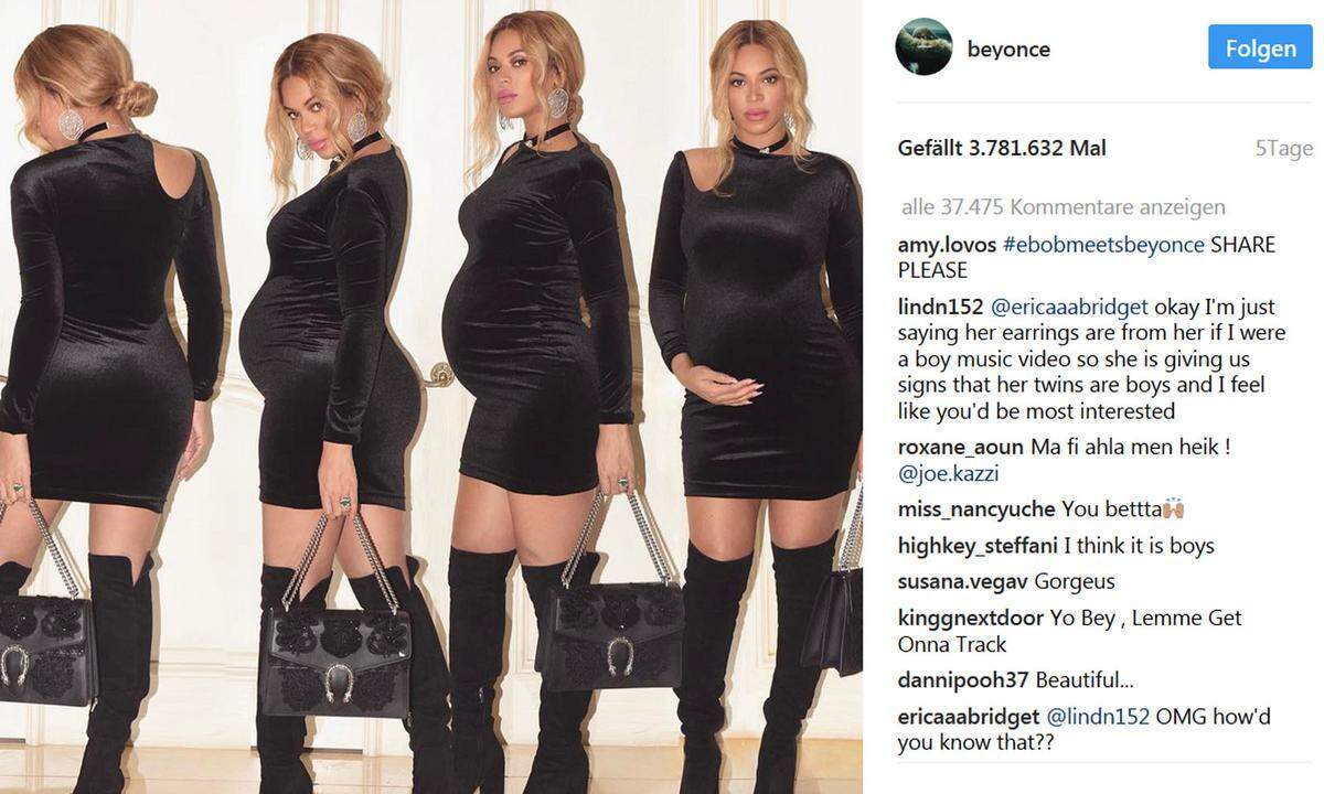 Mit diesem Bild gab sie angeblich einen Ausblick auf das Geschlecht ihrer Kinder. Die gleichen Ohrringe trug Beyonce 2008 in dem Video zu ihrem Hit "If I Were A Boy". Ihre Fans deuten den Schmuck als kryptischen Code.