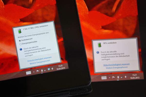 Die ganze Leistung fordert den Akku. Das RT-Modell hält dank ARM-Chip deutlich länger durch als das Surface Pro.