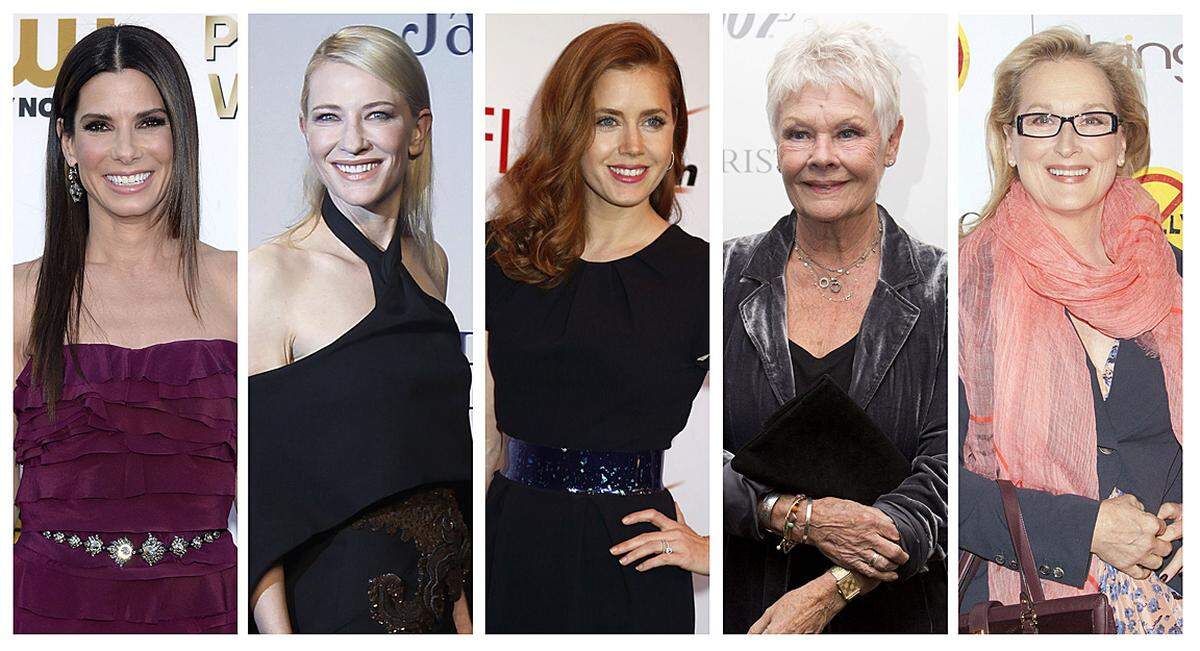 Nominiert sind (vlnr):  Sandra Bullock für ''Gravity''  Cate Blanchett für ''Blue Jasmine''  Amy Adams für ''American Hustle''   Judi Dench für ''Philomena''  Meryl Streep für ''August: Osage County'' 