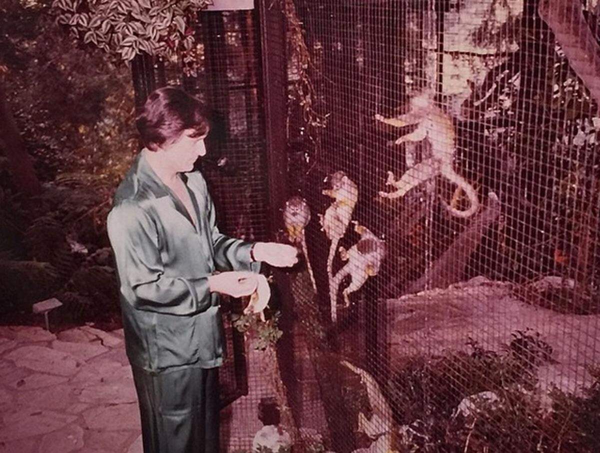 Hugh Hefner beim Affenfüttern 1979.