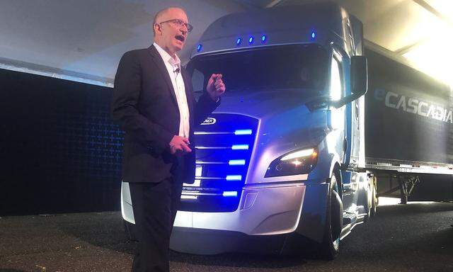 President and CEO of Daimler Trucks North America Nielsen unveils the all-electric eCascadia big rig truck at an event at Portland International Raceway, in Portland