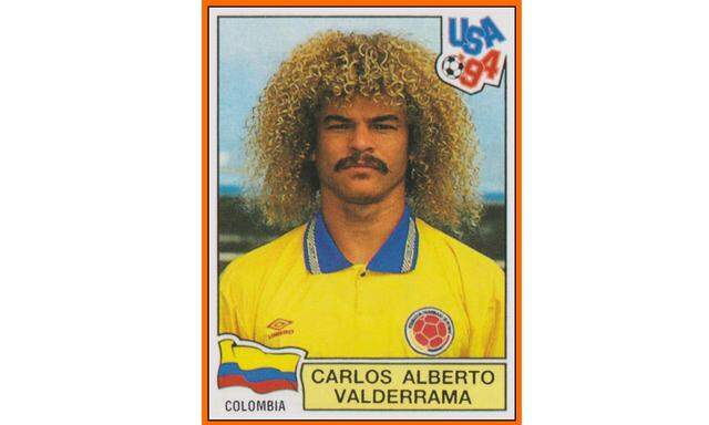 Begehrtes Pickerl aus 1994: Carlos Valderrama, „El Pibe“, Kolumbianer mit zitronengelber Haarpracht.  