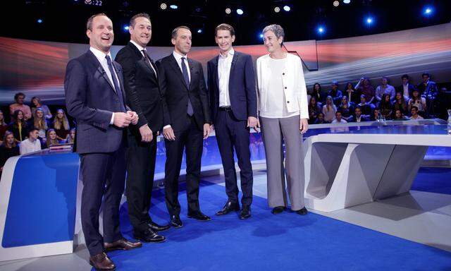 Die Kandidaten der Nationalratswahl 2017: Matthias Strolz (Neos), Heinz-Christian Strache (FPÖ), Christian Kern (SPÖ), Sebastian Kurz (ÖVP) und Ulrike Lunacek (Grüne) 