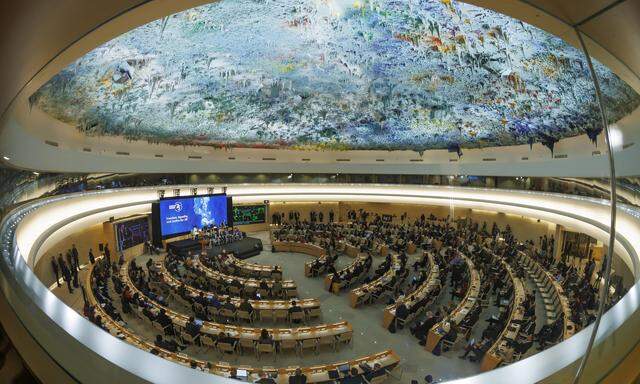 Archivbild des Plenarsaals des europäischen Sitz‘ der Vereinten Nationen in Genf in der Schweiz.