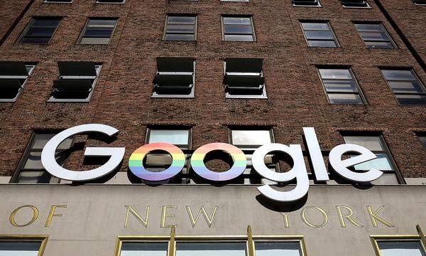 FILE PHOTO: The Google logo is displayed outside the company offices in New York