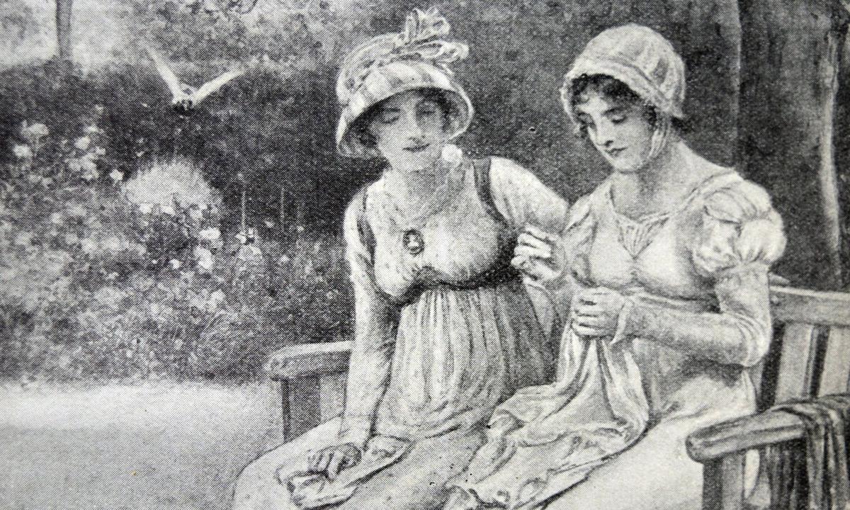Engraving of Jane Austen and her sister Cassandra doing needlework in the rectory garden Dated 1810