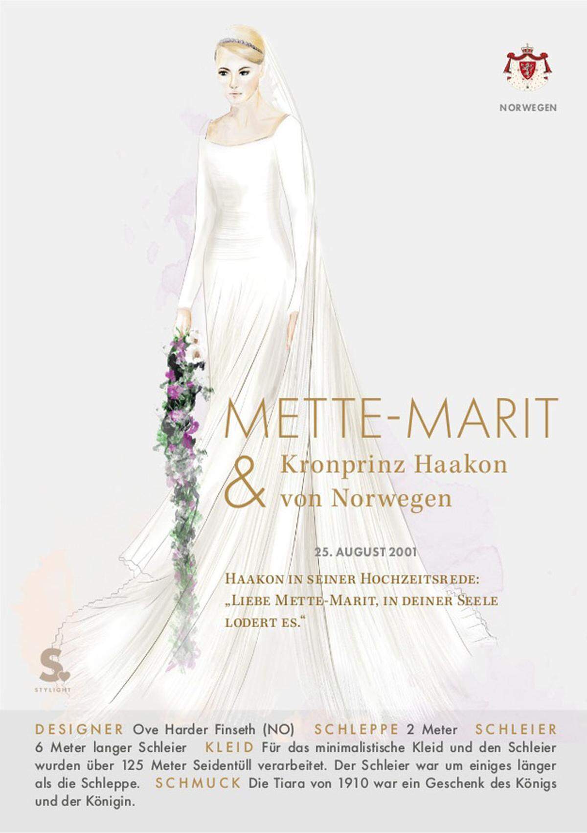 Der norwegische Desinger Ove Harder Finseth entwarf das Kleid der Braut. Sechs Meter lang war der Schleier, zwei Meter lang die Schleppe.