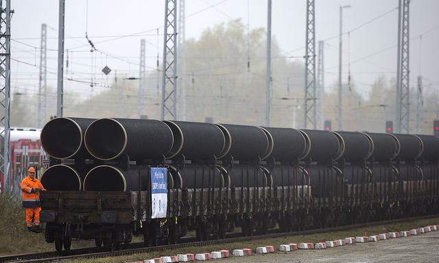 A handout by Nord Stream 2 claims to show the first pipes for the Nord Stream 2 pipeline being delivered by rail to the German logistics hub Mukran on the island of Rugen