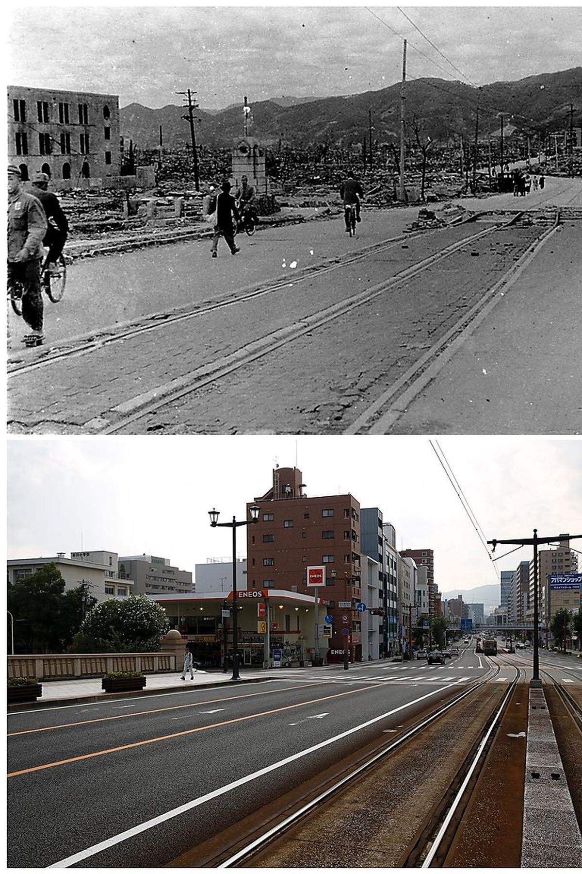 Japan hatte im Zweiten Weltkrieg zusammen mit Hitler-Deutschland gegen die Sowjetunion und deren westliche Verbündete gekämpft. Nach dem Krieg wurde das Land zu einem wichtigen Partner der USA, die sich nie offiziell für die Atombombenangriffe entschuldigten.Bild: Aufnahme von 1945 verglichen mit 2015