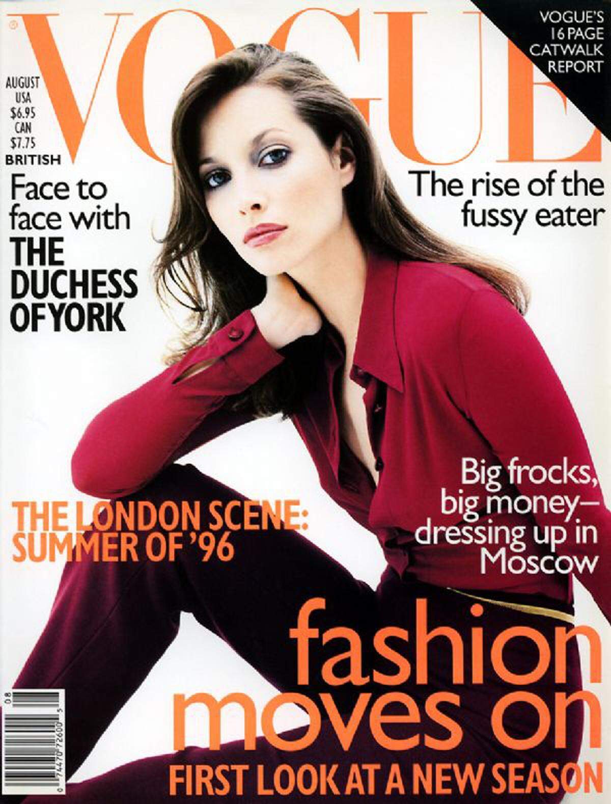 27 Jahre alt war das britische Supermodel, als sie 1996 zum bisher vorletzten Mal auf dem Cover erschien. Zwischen 1986 und 1996 war sie ganze 14 Mal auf dem Cover der britischen Ausgabe zu sehen.
