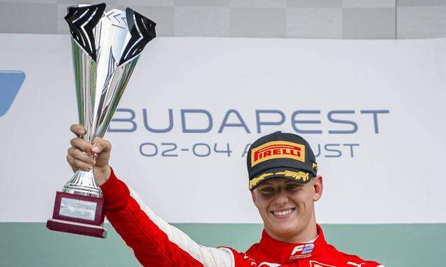 August 4, 2019, Budapest, Hungary: Prema Racing'!s German racing driver Mick Schumacher celebrates on podium after winni