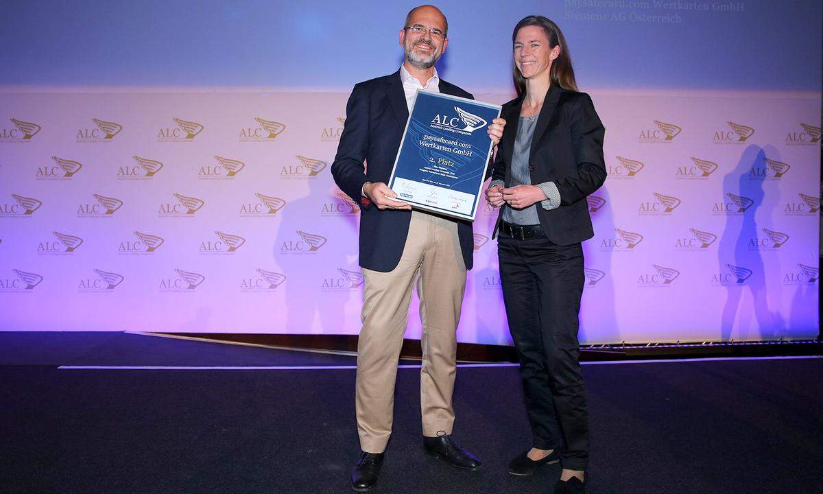 Auszeichnung 2. Platz Kategorie international tätige Unternehmen für die Paysafcard.com Wertkarten GmbH (v.l.): Paysafcard-Geschäftsführer Udo Müller und Skoda-Gebietsleiterin Eva Ohlicher-Herndlhofer.