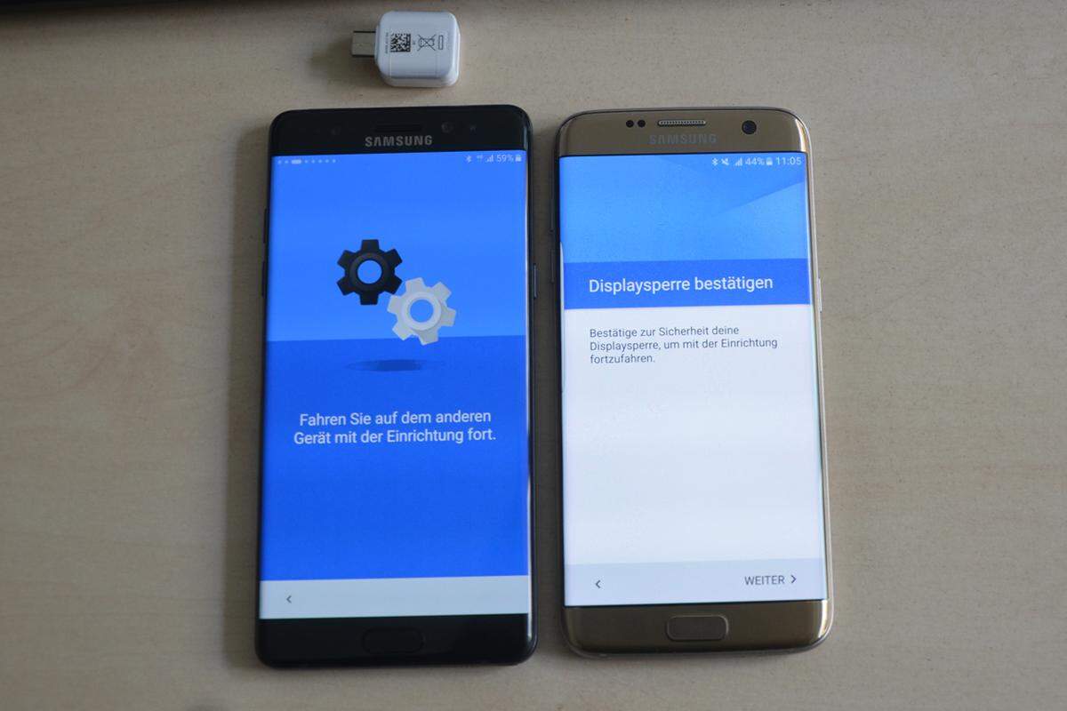Per NFC lässt sich ein Umzug (aller Daten, Apps und sonstigen gespeicherten Inhalten von einem Samsung- zu einem anderen Samsung-Gerät innerhalb von sechs Minuten vollziehen. Die Zeitangabe variiert von der Menge der Daten. 