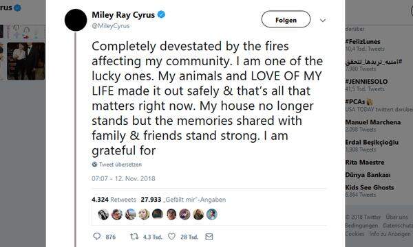 US-Sängerin Miley Cyrus hat durch die Brände Kalifornien ihr Haus verloren. "Mein Haus steht nicht mehr, aber die Erinnerungen bleiben, die ich mit Familie und Freunden geteilt habe", schrieb die 25-Jährige Montagfrüh auf Twitter.