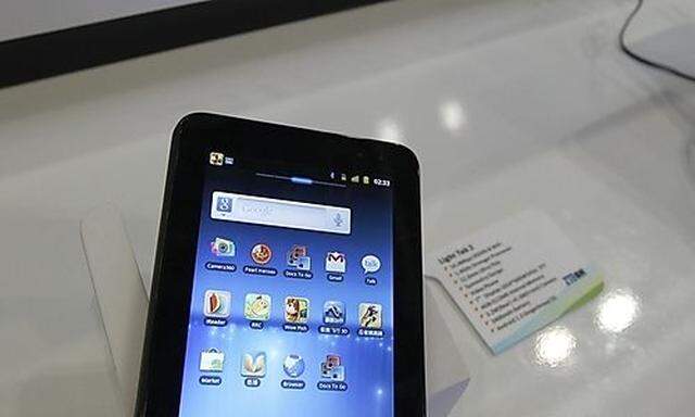 A ZTE table PC  Light Tab 2 is displayed in a booth at the Mobile Asia Congress in Hong Kong
