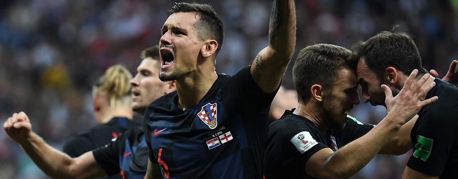 MOSCOW RUSSIA JULY 11 2018 Croatia s Vedran Corluka L and Mario Mandzukic in their 2018 FIFA