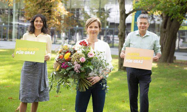 Landessprecherin Sandra Krautwaschl, Spitzenkandidatin Judith Schwentner und Grünenchef Vizekanzler Werner Kogler nach der Wahl