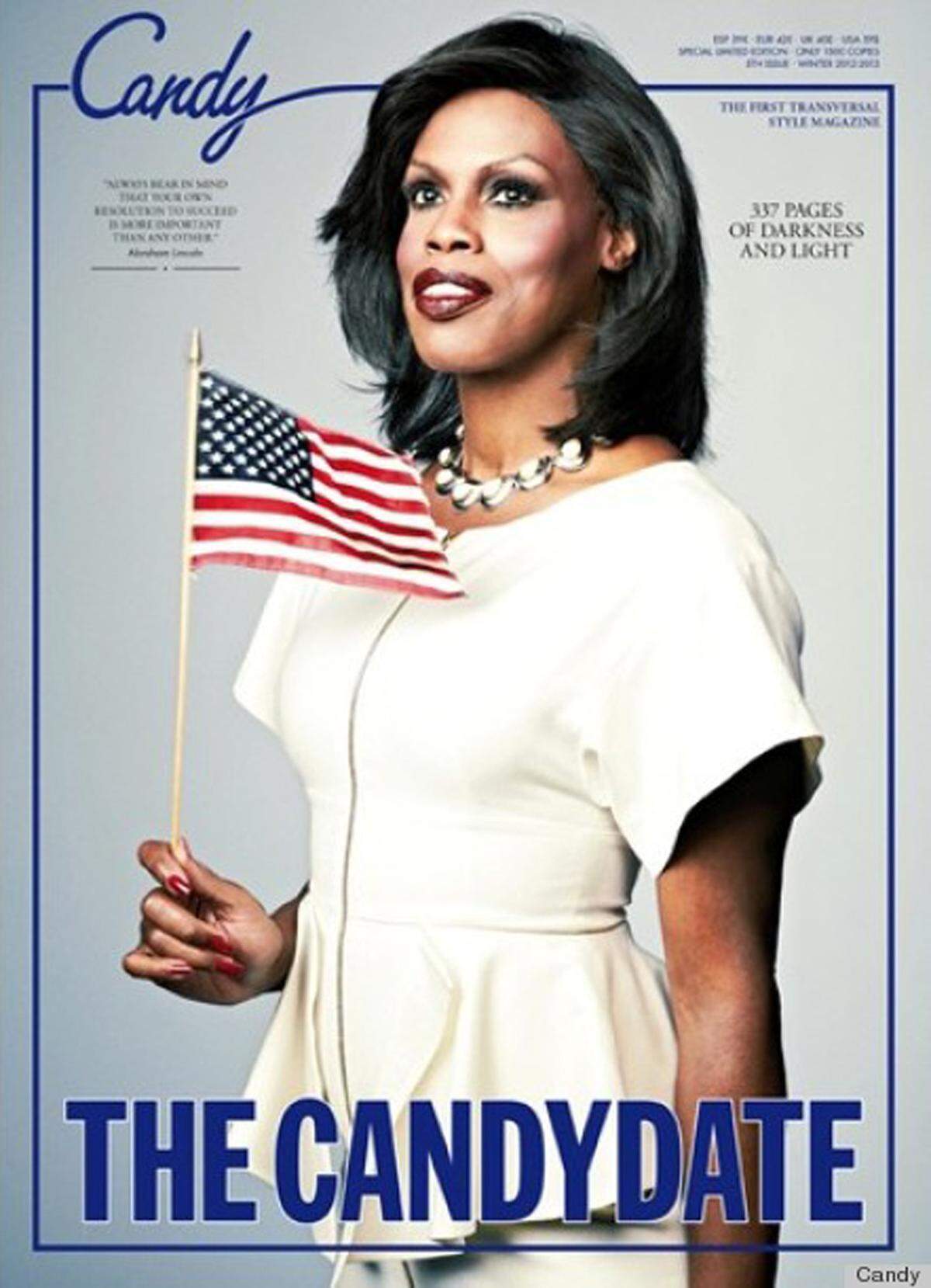 Der Präsidenten-Wahlkampf und das Weiße Haus waren für Luis Venegas, dem Herausgeber des Candy Magazins, die Inspiration für das neue Cover der Publikation. Transgender-Model Connie Fleming übernimmt die sehr überzeugende Rolle von Michelle Obama unter dem Titel "The Candydate".