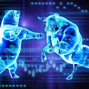 Binärcodes über leuchtendem Bullen und Bär