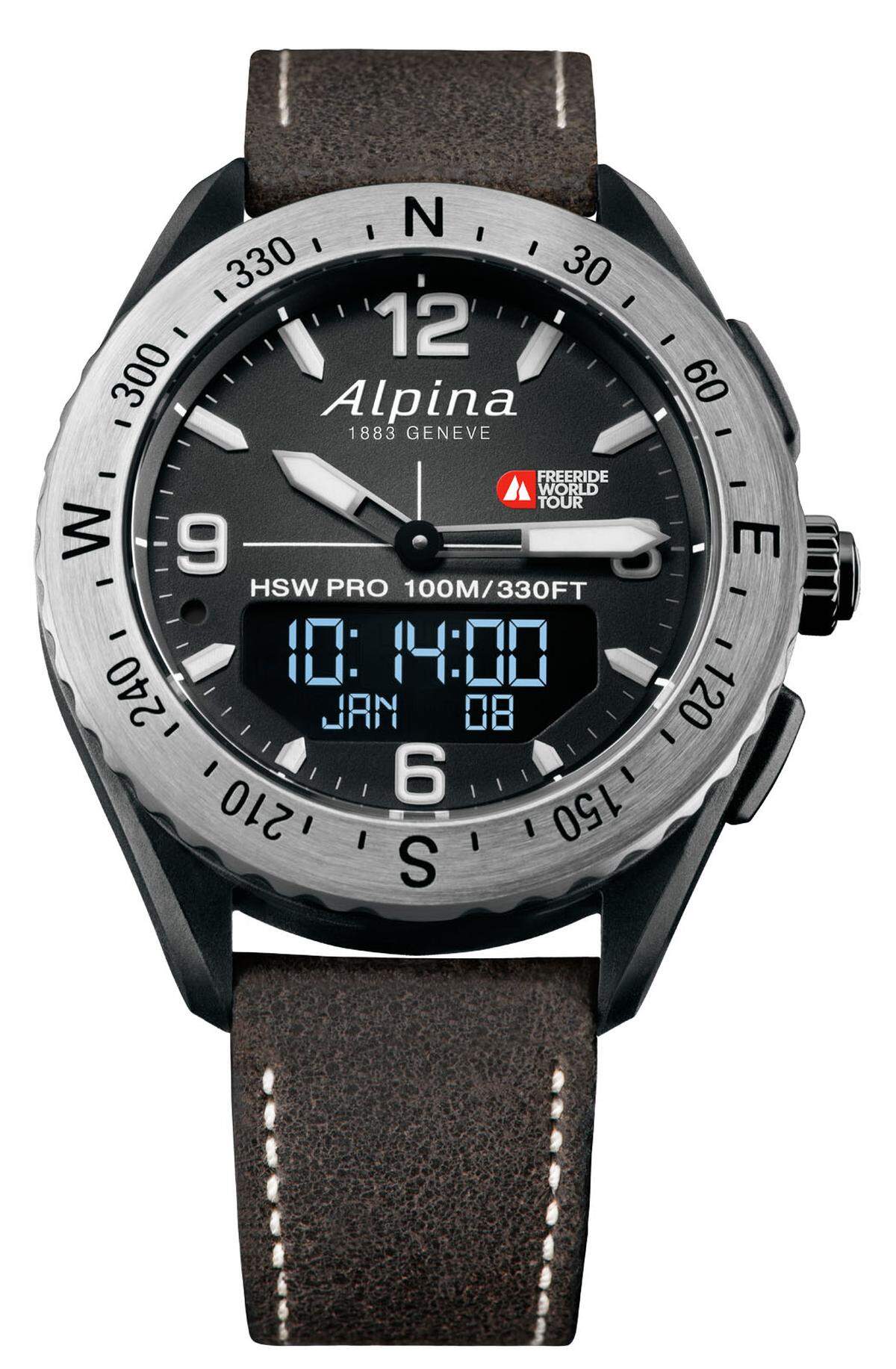 Alpina „AlpinerX Special ­Edition“. Um die Zusammenarbeit mit der Freeride World Tour zu feiern, lanciert Alpina eine Special Edition ihrer für Outdoor-Liebhaber konzipierten Uhrenlinie.