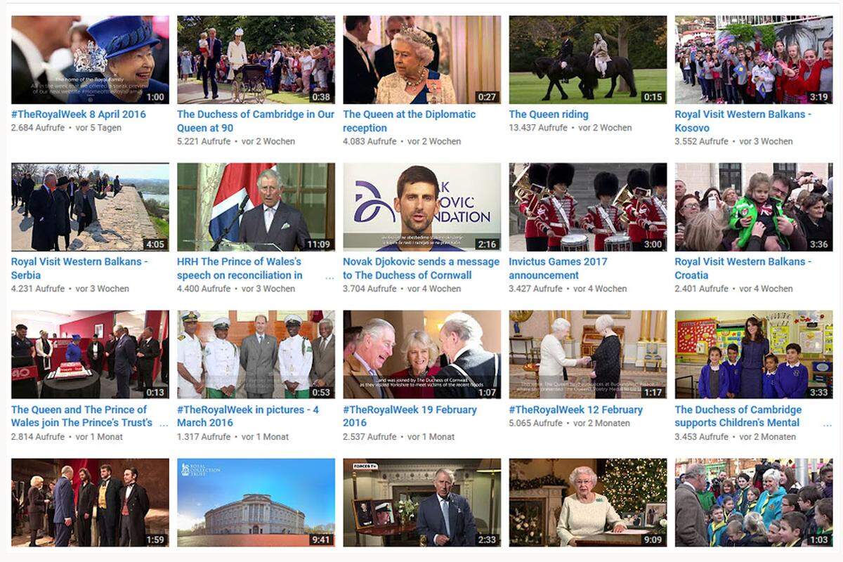 Seit 2017 gibt es einen königlichen YouTube-Kanal. Das beliebteste Video zeigt die Hochzeit von Enkel William und seiner Kate, es ist über dreieinhalb Stunden lang.