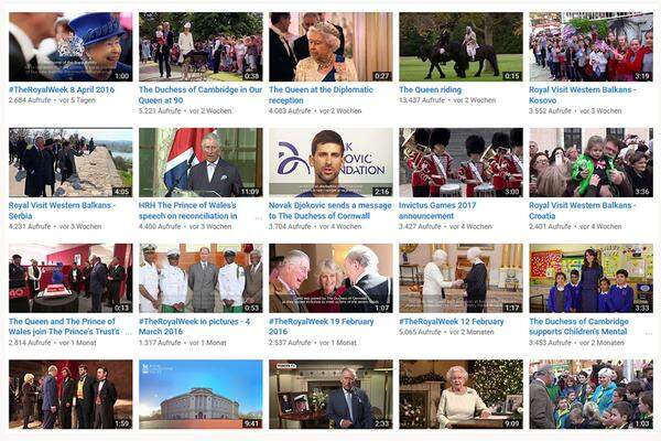 Es gibt einen königlichen YouTube-Kanal, seit 2007. Das beliebteste Video zeigt die Hochzeit von Enkel William und seiner Kate, es ist über dreieinhalb Stunden lang.