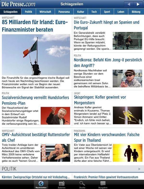 Die Homepage des in Version 2.0 hinzugefügten Nachrichtenteils mit insgesamt acht Channels. Ein Fingertipp öffnet die Artikelansicht.