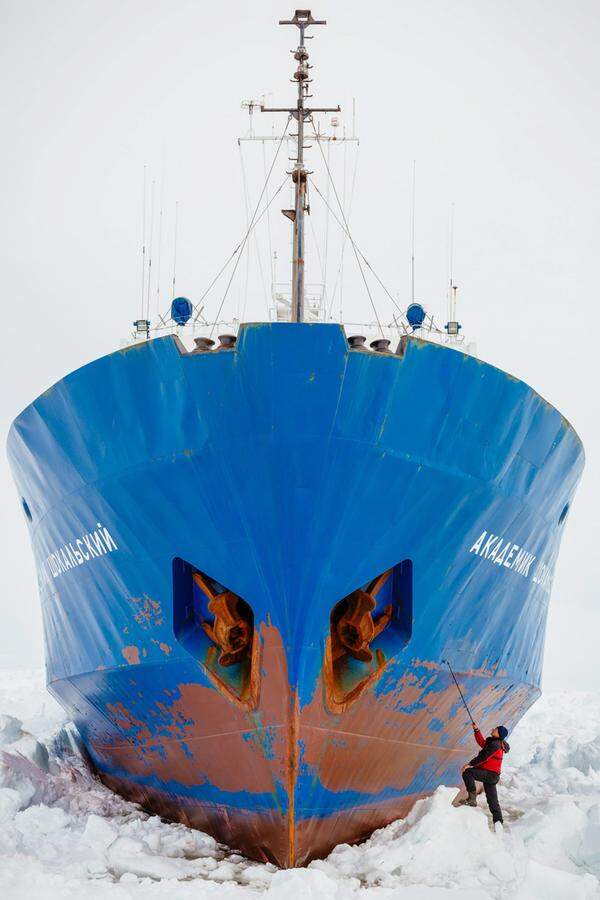 Das australische Schiff kann bis zu 1,60 Meter dicke Eisschichten durchbrechen, die Akademik Schokalskiy (im Bild) steckt aber in drei Meter dickem Eis.