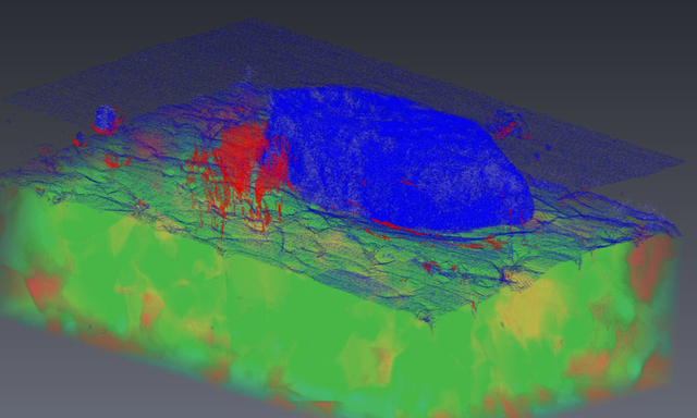 So sieht es aus, wenn sich Risse in einer Schicht bilden: 3-D-Darstellung eines makroskopischen Fehlers. 