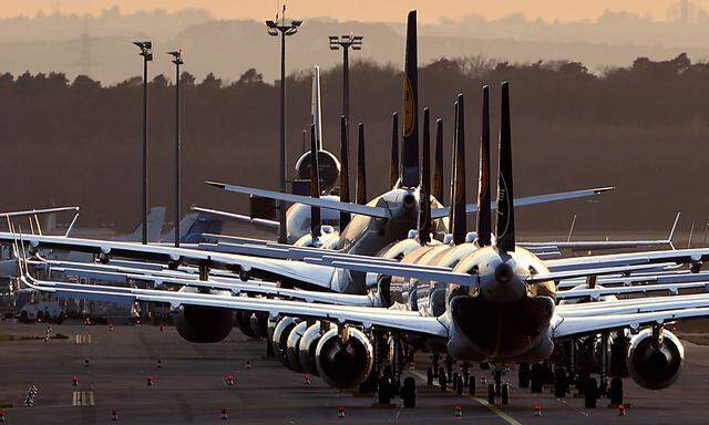 FILE PHOTO: Air planes of German carrier Lufthansa are parked at the airport in Frankfurt