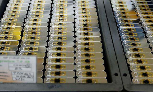 Lithium-ion batteries that will be used to power the ExoMars rover vehicle during the next ExoMars mission in 2020, are pictured at the production site of Saft Groupe, battery specialists, in Poitiers