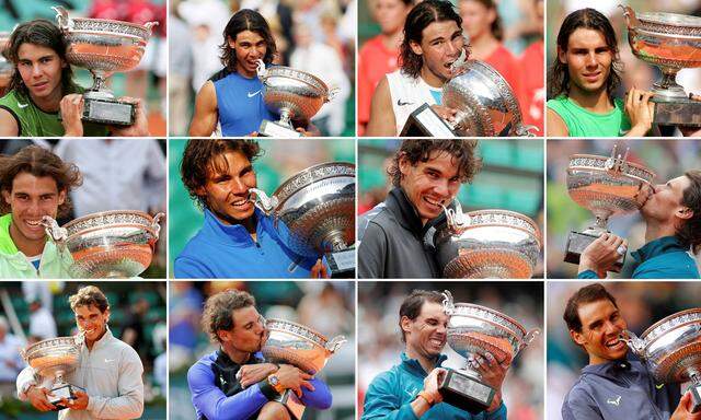 Zwölf Mal Rafael Nadal und der „Coupe des Mousquetaires“: Die Siegerfotos des Spaniers aus Roland Garros (v. l. n. r: 2005, 2006, 2007, 2008, 2010, 2011, 2012, 2013, 2014, 2017, 2018, 2019).