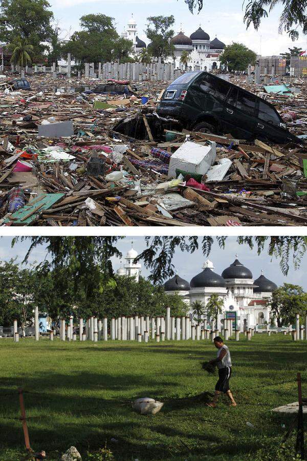 Baiturrahman Moschee in Banda Aceh (Sumatra, Indonesien) am 27. Dezember 2004 (oben) und am 4. Dezember 2009.