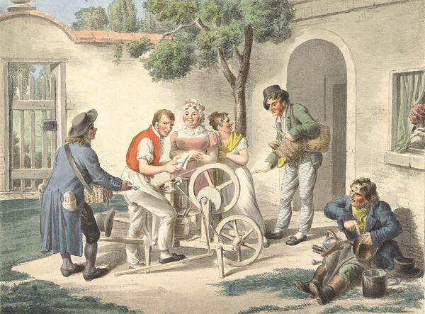 Zu sehen sind weiters früheste Darstellungen: Druckgrafische Serien mit Protagonisten aus der Unterschicht waren schon ab dem 16. Jahrhundert populär. Scherenschleifer, um 1820, Josef Lanzedelli Lithografie (c) Wien Museum