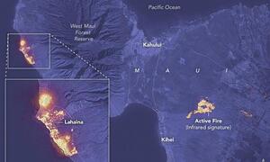 Das Bild zeigt die das Feuer um 22:25 Uhr Ortszeit am 8. August 2023, beobachtet vom Operational Land Imager OLI auf dem Satelliten Landsat 8.