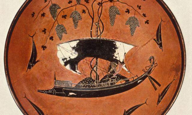  Dionysos auf einem Schiff mit weißen Segeln, umgeben von glänzenden schwarzen Delfinen. Sogar der Töpfer dieser schönen Schale ist bekannt: Exekias.