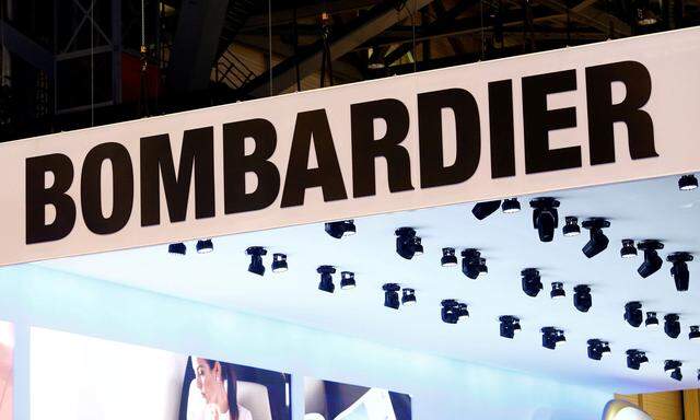 FILE PHOTO - A logo of jet manufacturer Bombardier on their booth during EBACE in Geneva