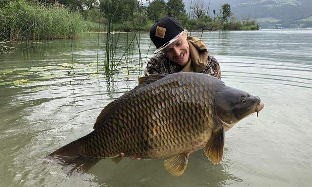 Echte Liebe zu einem dicken Fisch: Hobbyfischer Manuel Feller fing im Salzkammergut einen 17,3 Kilogramm schweren Karpfen.