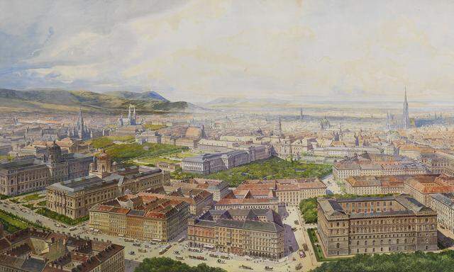 Repräsentativer Überblick: Erwin Pendls Vogelschau von 1904 zeigt das spektakuläre „neue“ Wien mit der Ringstraße.